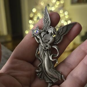 Silver Angel BroochJONETTE JEWELRY - LARGE PEWTER ANGEL W AURORA BOREALIS STONE